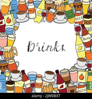 Quadratischer Hintergrund mit verschiedenen handgezeichneten farbigen flüssigen Getränken und Schriftzügen. Detailliertes Rahmendesign. Verwendete Begrenzungsmaske. Stock Vektor