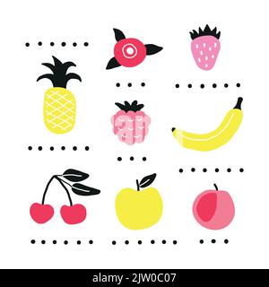 Niedliches Poster mit bunten Doodle-Früchten und Beeren im Minimalismus-Stil. Perfekt für Poster und Babydesigns. Stock Vektor