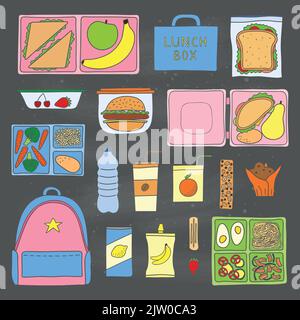 Set von handgezeichneten farbigen Lunchboxen isoliert auf Tafel Hintergrund. Stock Vektor