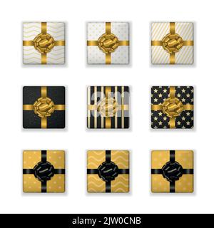 Set von realistischen Geschenk-Boxen mit Drucken und glänzenden Schleifen isoliert auf weißem Hintergrund. Draufsicht. Stock Vektor