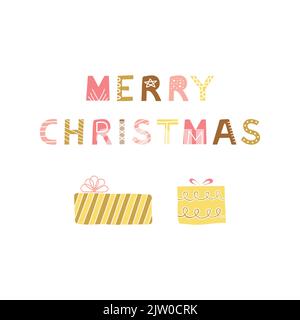 Poster mit handgezeichneten bunten Schriftzügen Frohe Weihnachten und Geschenkboxen. Stock Vektor