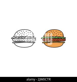 Handgezeichnet farbig und umreißen Cheeseburger isoliert auf weißem Hintergrund. Stock Vektor