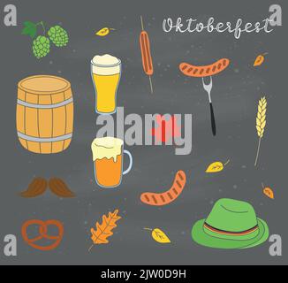 Set von handgezeichneten farbigen Oktoberfest-Ikonen isoliert auf Kreidetafel Hintergrund. Stock Vektor