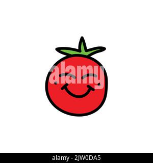 Niedliche Doodle Tomate mit lächelndem Gesicht isoliert auf weißem Hintergrund. Komischer Veggie-Charakter. Stock Vektor