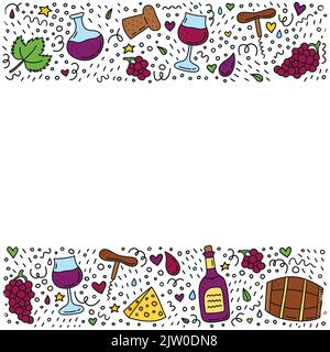 Poster mit kritzelfarbenen Wein-Ikonen, Linien, Punkte, Symbole um. Stock Vektor