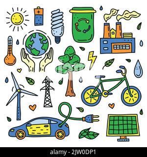 Satz von kritzelfarbenen Ökologie und Umwelt-Symbole isoliert auf weißem Hintergrund. Stock Vektor