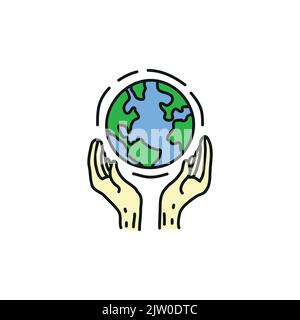 Konzept des Erdtages. Doodle farbige Hände halten den Planeten isoliert auf weißem Hintergrund. Stock Vektor