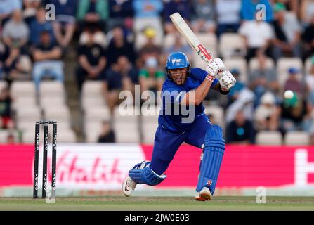 Ben McDermott von London Spirit schlägt beim Herrenspiel der Hundert Eliminatoren im Ageas Bowl in Southampton. Bilddatum: Freitag, 2. September 2022. Stockfoto