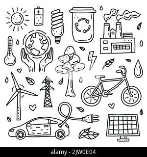 Satz von Doodle skizzieren Ökologie und Umwelt Symbole isoliert auf weißem Hintergrund. Stock Vektor