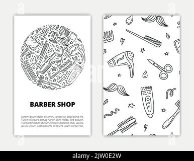 Kartenvorlagen mit Doodle skizzieren Friseur-Shop-Symbole. Verwendete Begrenzungsmaske. Stock Vektor