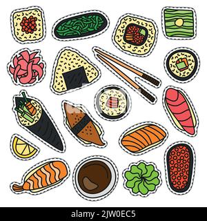 Set von kritzelfarbenen Aufklebern oder Aufnäher mit Sushi und Rollen isoliert auf weißem Hintergrund. Stock Vektor