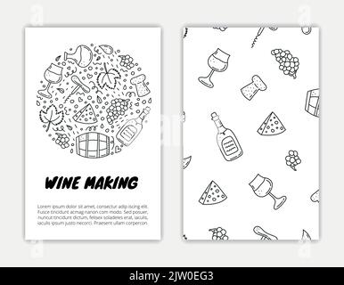 Karten-Vorlagen mit Doodle skizzieren Wein-Icons. Verwendete Begrenzungsmaske. Stock Vektor
