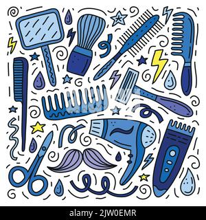 Set von Friseur Doodle farbige Symbole mit Linien, Symbole um isoliert auf weißem Hintergrund. Stock Vektor