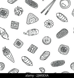 Nahtloses Schwarz-Weiß-Muster mit umrissem Sushi und Rollen. Stock Vektor