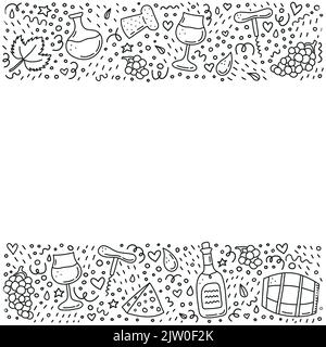 Poster mit Doodle skizzieren Wein-Icons, Linien, Punkte, Symbole um. Stock Vektor
