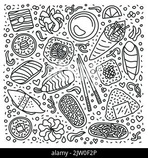 Doodle skizzieren Sushi, Rollen, Essstäbchen, Wasabi, Ingwer und Symbole isoliert auf weißem Hintergrund. Stock Vektor