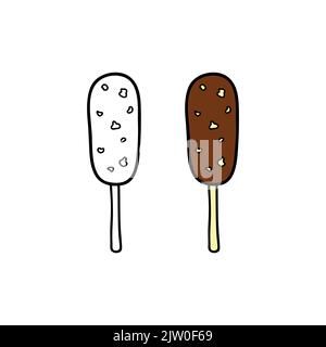 Doodle Umriss und farbige Schokolade Popsicle Eis auf Stick isoliert auf weißem Hintergrund. Stock Vektor