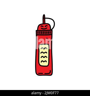 Niedliche Doodle rote Sauce mit lächelndem Gesicht isoliert auf weißem Hintergrund. Komischer Essenscharakter. Stock Vektor