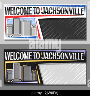 Vektor-Layouts für Jacksonville mit Kopierfläche, dekorativem Gutschein mit Liniendarstellung der stadt jacksonville am Tag- und Abendhimmel im Hintergrund, Stock Vektor