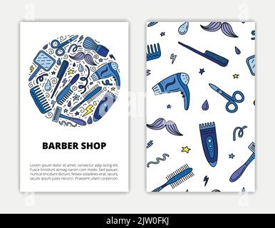 Kartenvorlagen mit kritzelfarbenen Barbier-Shop-Symbolen. Verwendete Begrenzungsmaske. Stock Vektor