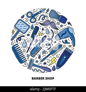 Friseurladen Doodle Symbole mit Linien, Symbole um in Kreisform zusammengesetzt. Stock Vektor