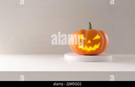 Halloween Kürbis auf dem Podium im Studio-Hintergrund. Leere Podestplattform. 3D Rendern. Stockfoto