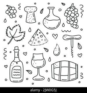 Satz von Doodle skizzieren Wein Symbole isoliert auf weißem Hintergrund. Stock Vektor