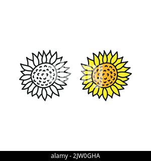 Doodle Umriss und farbige Sonnenblumen-Symbole isoliert auf weißem Hintergrund. Stock Vektor