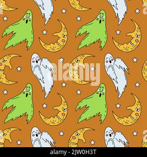 Halloween nahtlose Muster mit niedlichen Cartoon Geister und Halbmonde auf orangefarbenem Hintergrund Stock Vektor