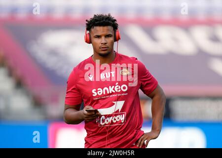 Wigan, Großbritannien. 02. September 2022. Hugo Salabio #36 von Catalans Dragons vor dem Betfred Super League Spiel Wigan Warriors vs Catalans Dragons im DW Stadium, Wigan, Großbritannien, 2.. September 2022 (Foto von Steve Flynn/News Images) in Wigan, Großbritannien am 9/2/2022. (Foto von Steve Flynn/News Images/Sipa USA) Quelle: SIPA USA/Alamy Live News Stockfoto