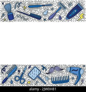 Poster mit farbigen Friseurladen Doodle Symbole mit Linien, Wirbel, Symbole um. Stock Vektor