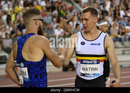 Brüssel, Belgien. 02. September 2022. Der Belgier Julien Watrin, aufgenommen während des Hürdenrennens 110m, bei der Auflage des Memorial Van Damme Diamond League Meeting Leichtathletik-Events 2022, in Brussel, Freitag, 02. September 2022. BELGA FOTO DIRK WAEM Quelle: Belga Nachrichtenagentur/Alamy Live News Stockfoto