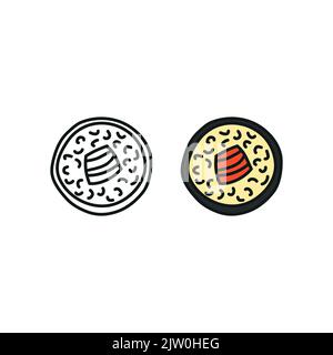 Doodle Umriss und farbige Maki Sushi mit Lachs Fisch isoliert auf weißem Hintergrund. Stock Vektor
