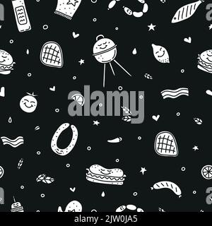 Schwarz-weiß nahtlose Muster mit Doodle Grill, Picknick-Symbole. Stock Vektor