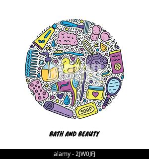 Doodle farbige Badezimmer und Hygiene-Symbole in Kreisform komponiert. Stock Vektor