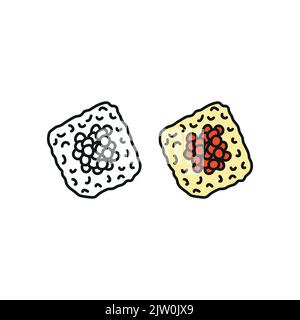 Doodle farbige und Umriss Ikura Maki Sushi isoliert auf weißem Hintergrund. Stock Vektor