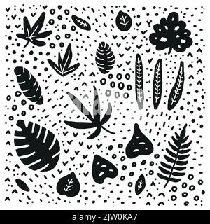 Satz von Doodle Dschungel Blätter mit Punkten, Symbole um isoliert auf weißem Hintergrund. Stock Vektor