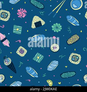 Farbenfrohes Nahtloses Muster mit Doodle Sushi und Rollen. Stock Vektor