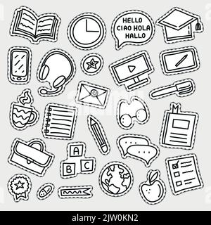 Satz von Sprachkursen ungefärbte Doodle Aufkleber oder Patches auf weißem Hintergrund isoliert. Stock Vektor