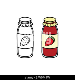Doodle Umriss und farbige Erdbeermarmelade in Glasflasche isoliert auf weißem Hintergrund. Stock Vektor