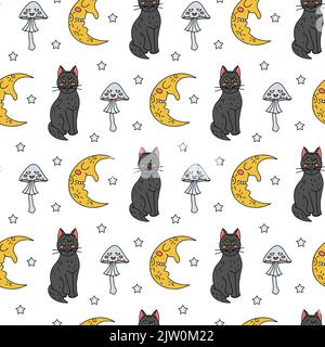 Halloween Nahtloses Muster mit niedlichen Cartoon-Katzen, Halbmonden und giftigen Pilzen auf weißem Hintergrund Stock Vektor