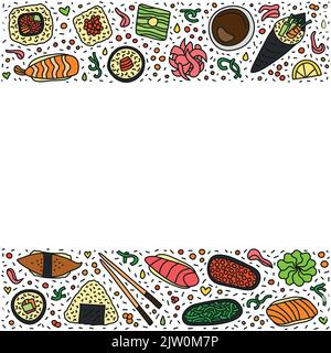 Poster mit farbigem Doodle Sushi und Rollen mit Linien, Wirbeln, Symbolen. Stock Vektor