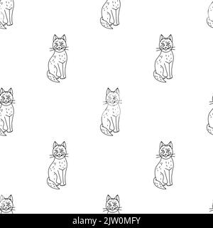 Halloween Nahtloses Muster mit niedlichen Cartoon-Katzen, Halbmonden und giftigen Pilzen auf weißem Hintergrund Stock Vektor