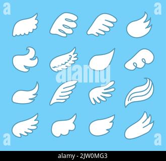 Set aus verschiedenen Doodle weißen Engelsflügeln auf blauem Hintergrund isoliert. Stock Vektor