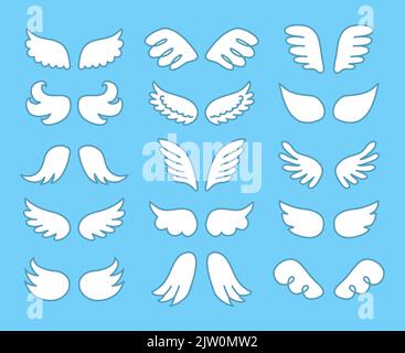 Set aus verschiedenen Doodle weißen Engelsflügeln auf blauem Hintergrund isoliert. Stock Vektor