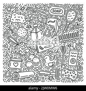 Set von Doodle skizzieren Bad und Hygiene-Symbole auf weißem Hintergrund isoliert. Stock Vektor