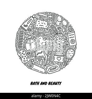 Doodle skizzieren Bad und Hygiene Symbole in Kreisform zusammengesetzt. Stock Vektor