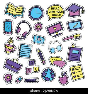 Satz von Sprachkursen farbige Doodle Aufkleber oder Patches auf weißem Hintergrund isoliert. Stock Vektor