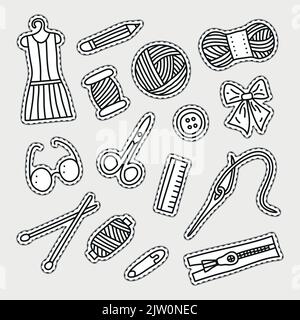 Set von handgefertigten Doodle unfarbige Aufkleber oder Patches auf grauem Hintergrund isoliert. Stock Vektor