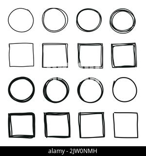 Satz von handgezeichneten skizzierten Rahmen, isoliert auf weißem Hintergrund. Stock Vektor